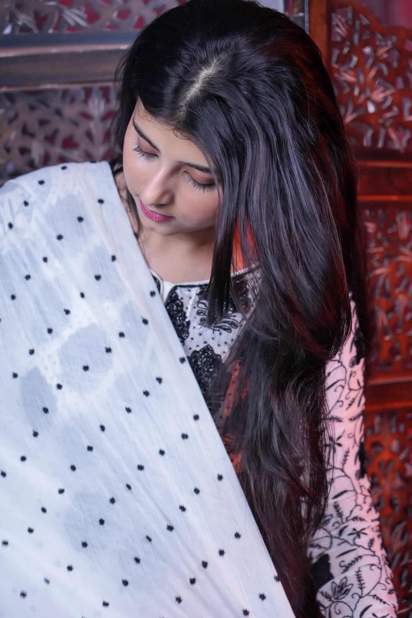 MONOCROME Mul Chanderi Anarkali and dupatta set with all over beads work - Image 7