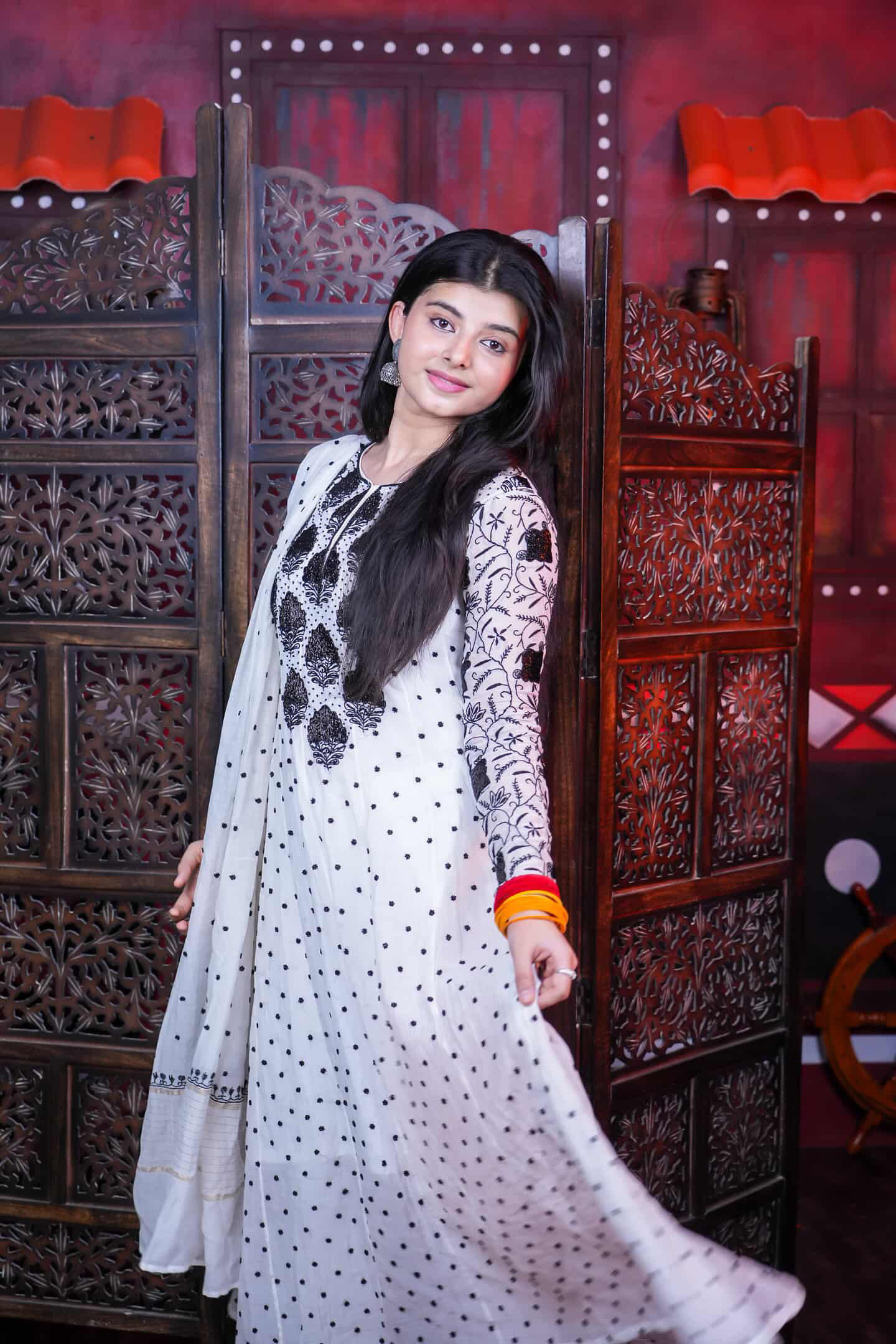 MONOCROME Mul Chanderi Anarkali and dupatta set with all over beads work - Image 6