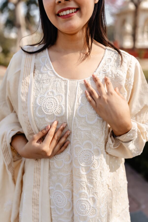 Pure Munga Silk Kurta And Dupatta Set With Fine Lucknowi Chikankari And Cutdana Embellishment - Image 8