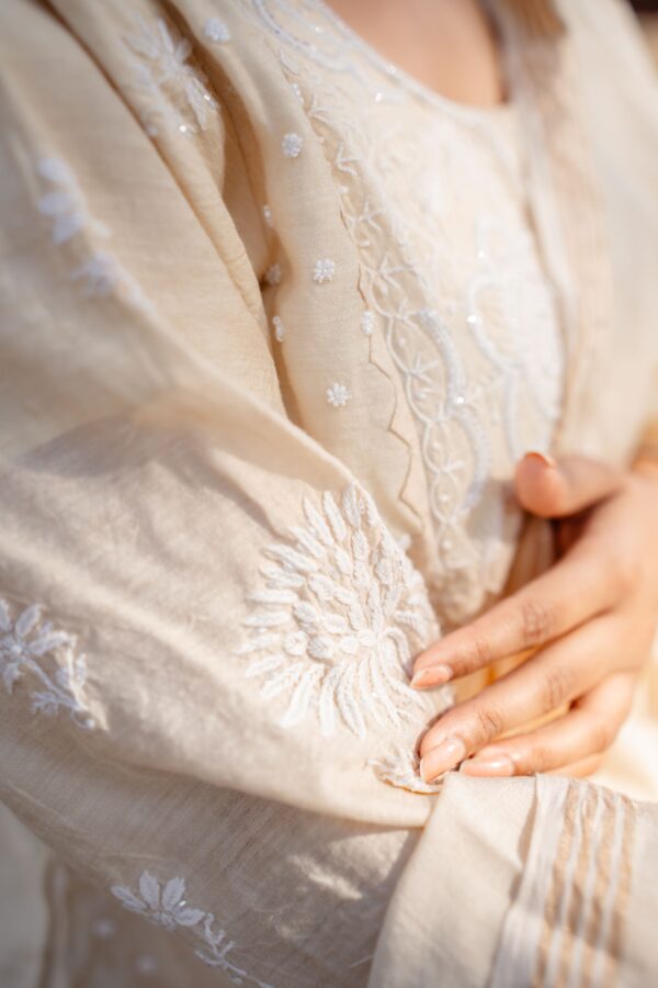 Pure Munga Silk Kurta And Dupatta Set With Fine Lucknowi Chikankari And Cutdana Embellishment - Image 2