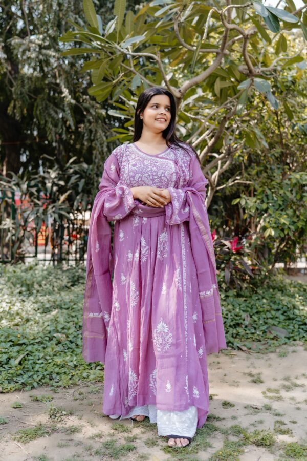 Purple Mul Chanderi A Line Kurta and dupatta  set with fine lucknowi chikankari beads and pearls work - Image 5
