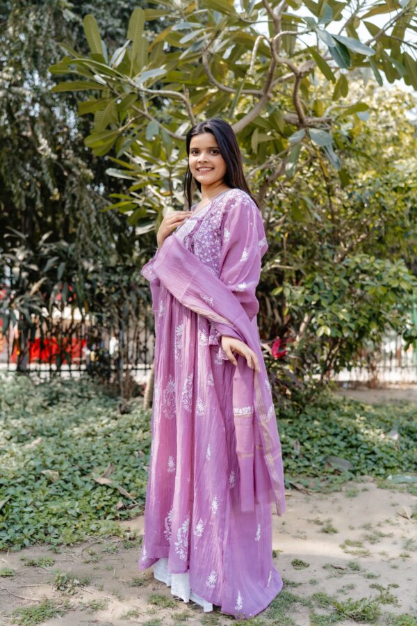 Purple Mul Chanderi A Line Kurta and dupatta  set with fine lucknowi chikankari beads and pearls work - Image 4