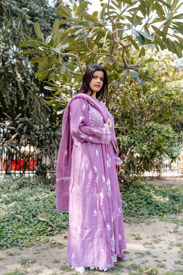Purple Mul Chanderi A Line Kurta and dupatta  set with fine lucknowi chikankari beads and pearls work - Image 3