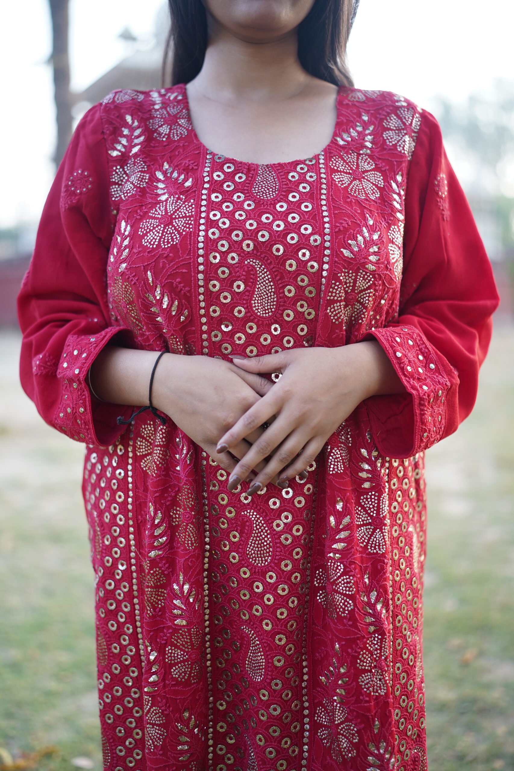 RED VISCOSE GEORGETTE KURTA AND DUPATTA SET MUKAISH WORK
