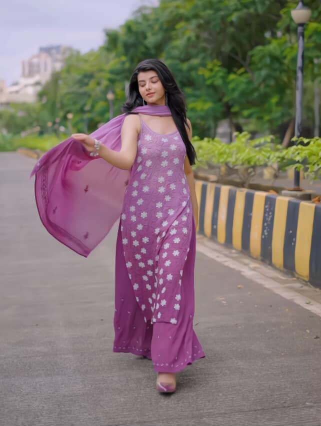 Viscose Georgette Noodle Strap 3 Piece Chikankari Plazzo Set With Fine Lucknowi Chikankari Pearl And Beads Work - Image 5