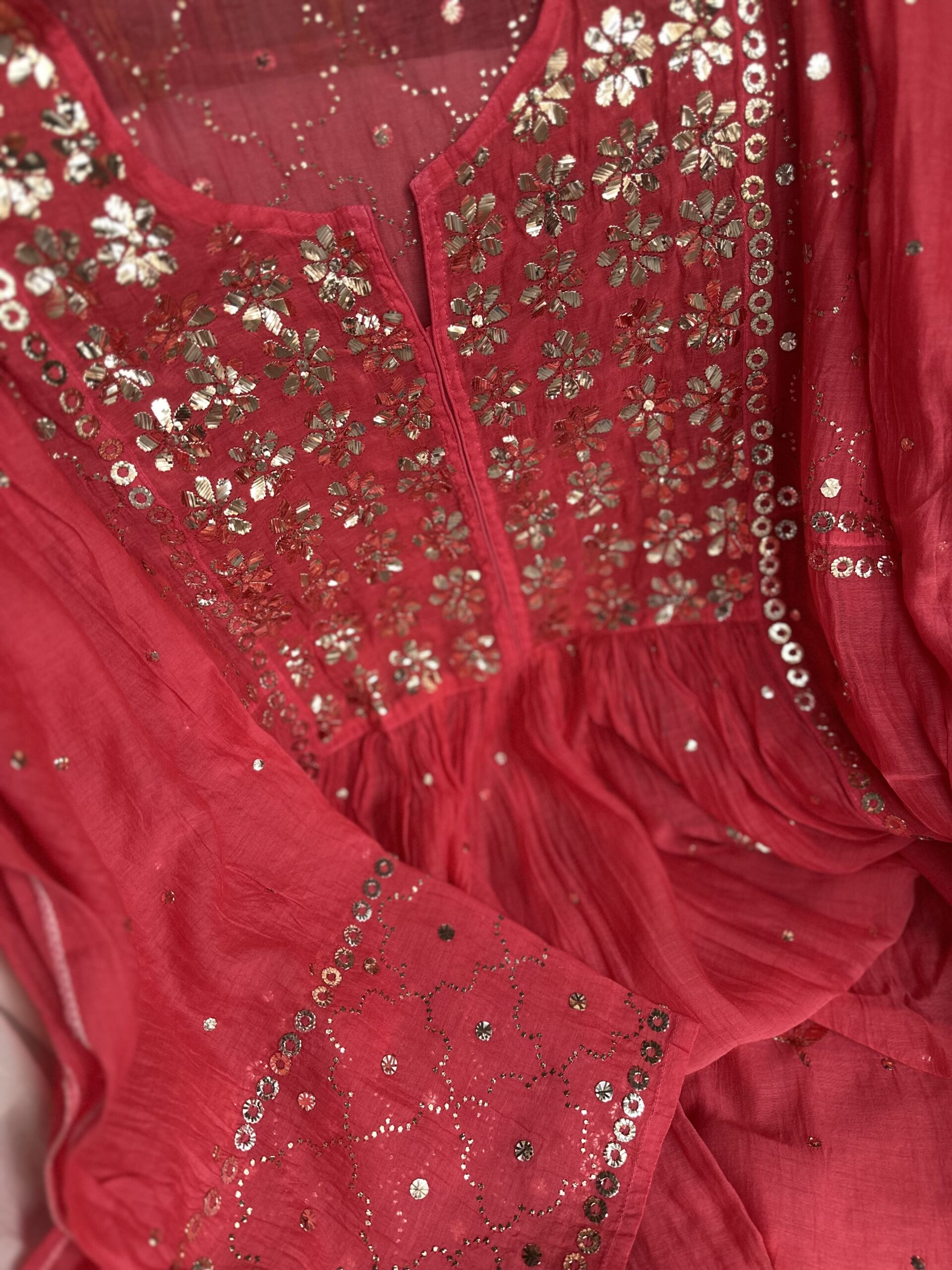 Watermelon Red Mul Chanderi A LINE KURTA AND DUPATTA SET WITH MUKAISH WORK