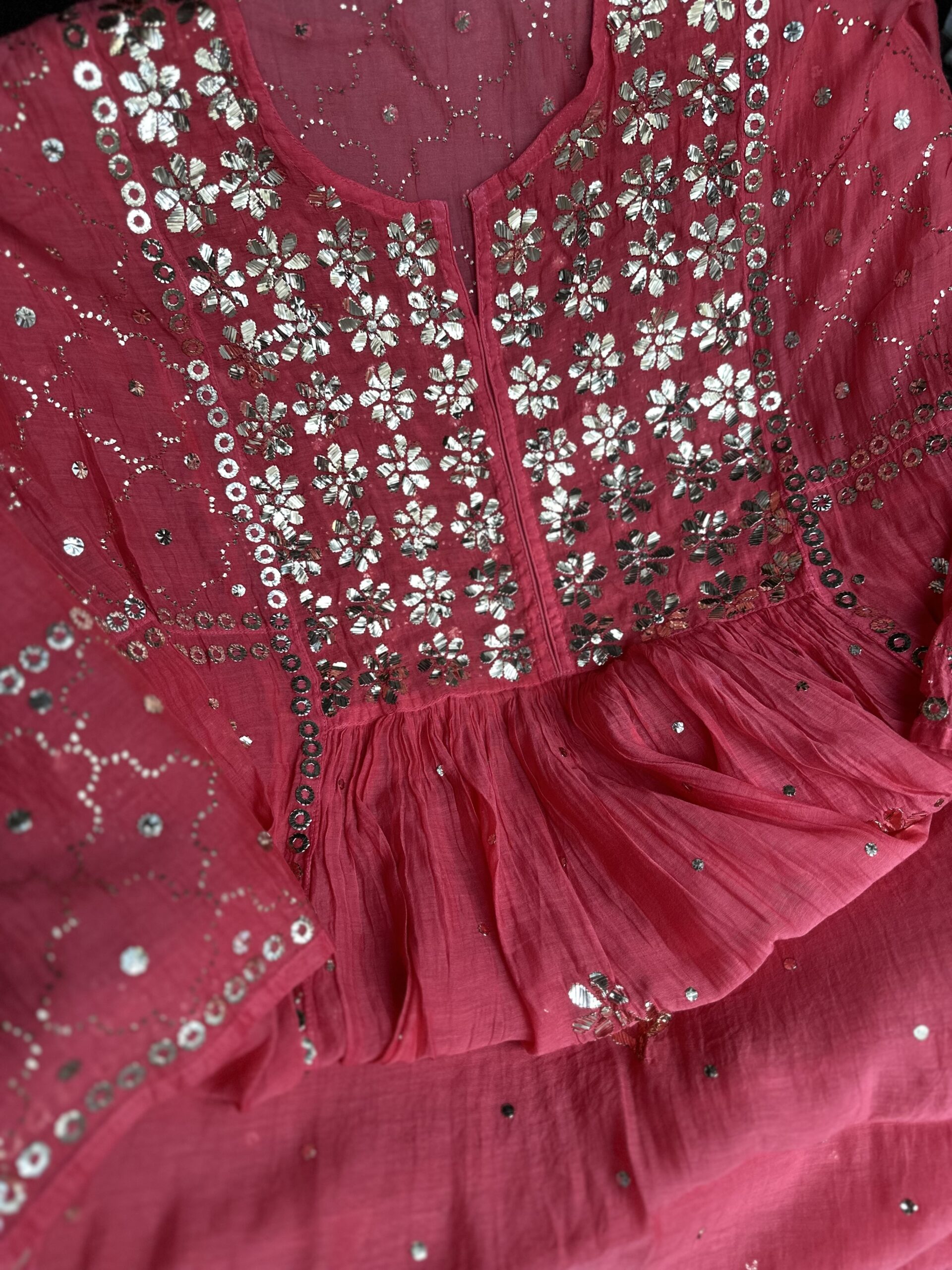 Watermelon Red Mul Chanderi A LINE KURTA AND DUPATTA SET WITH MUKAISH WORK - Image 6