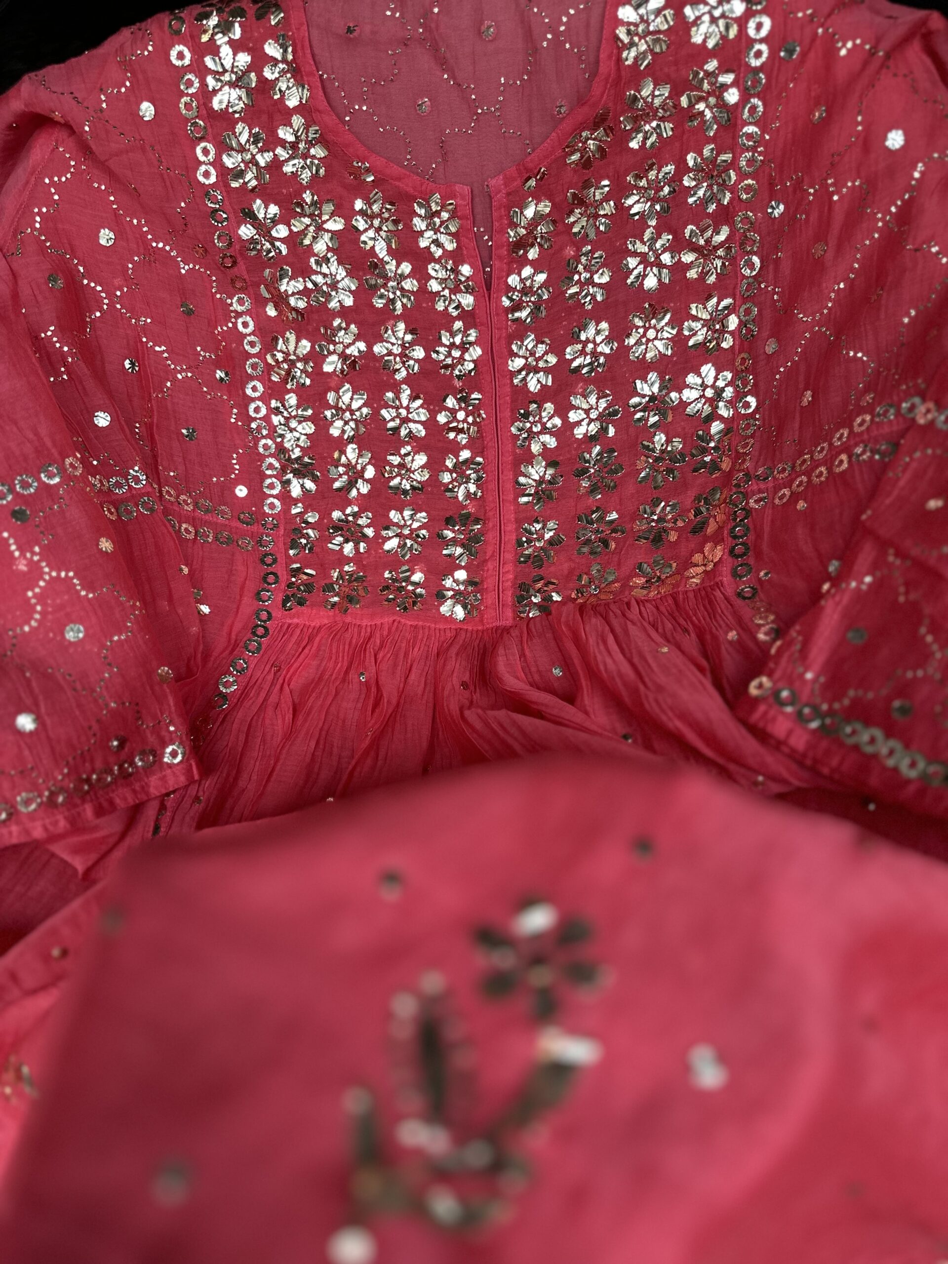 Watermelon Red Mul Chanderi A LINE KURTA AND DUPATTA SET WITH MUKAISH WORK - Image 3