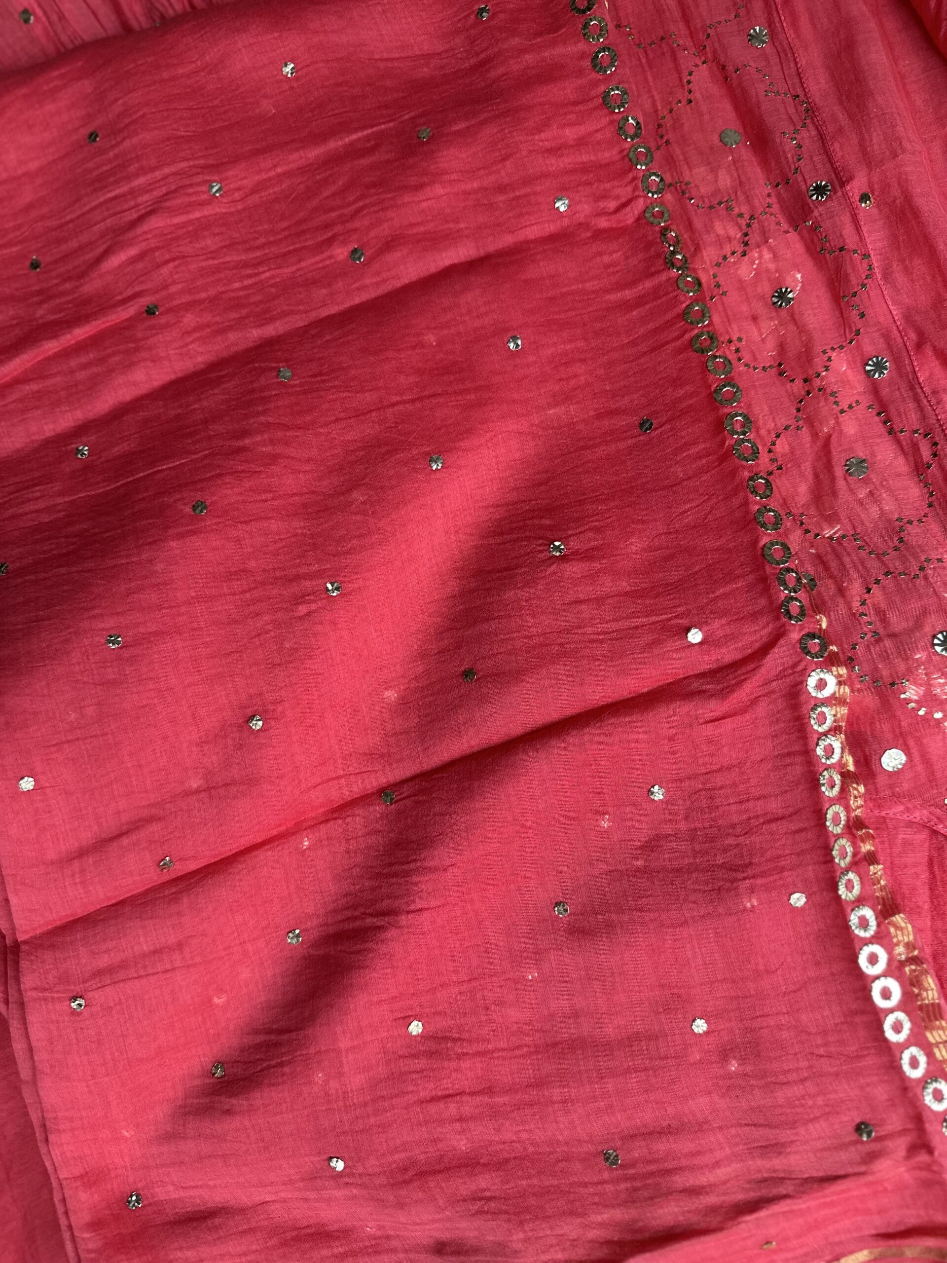 Watermelon Red Mul Chanderi A LINE KURTA AND DUPATTA SET WITH MUKAISH WORK - Image 5