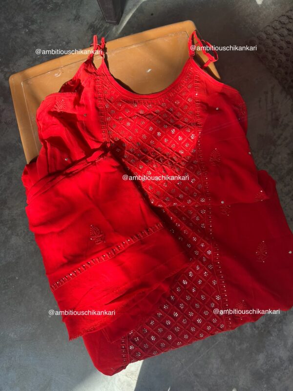 Sira Red Viscose Georgette 3 Piece Chikankari Plazzo Set With Mukaish Work - Image 7