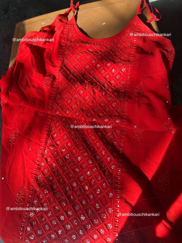 Sira Red Viscose Georgette 3 Piece Chikankari Plazzo Set With Mukaish Work - Image 6