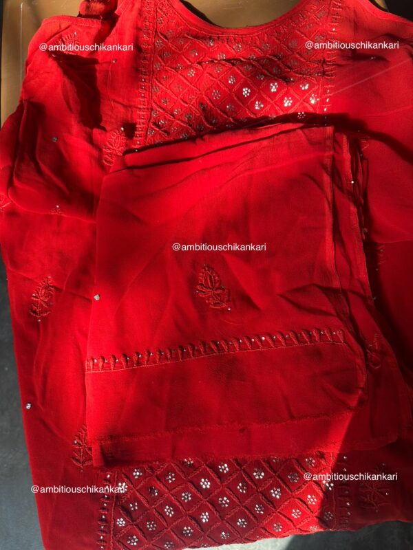 Sira Red Viscose Georgette 3 Piece Chikankari Plazzo Set With Mukaish Work - Image 5
