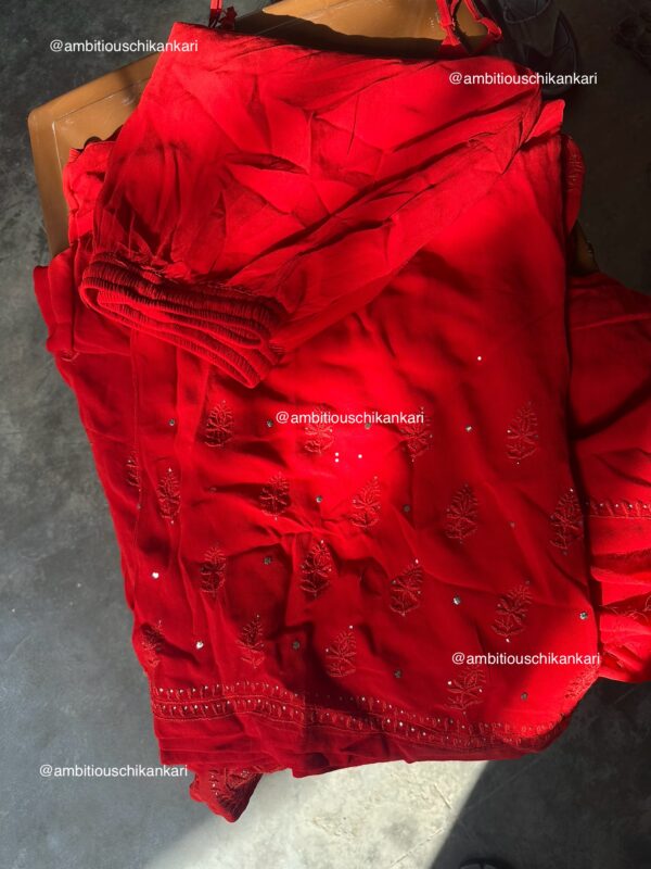 Sira Red Viscose Georgette 3 Piece Chikankari Plazzo Set With Mukaish Work - Image 4