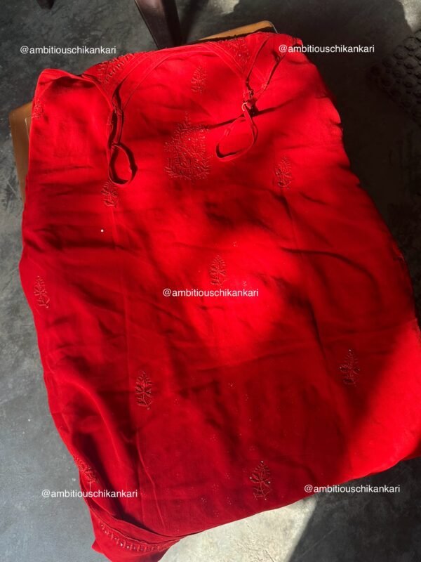 Sira Red Viscose Georgette 3 Piece Chikankari Plazzo Set With Mukaish Work - Image 3