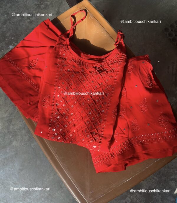 Sira Red Viscose Georgette 3 Piece Chikankari Plazzo Set With Mukaish Work - Image 2