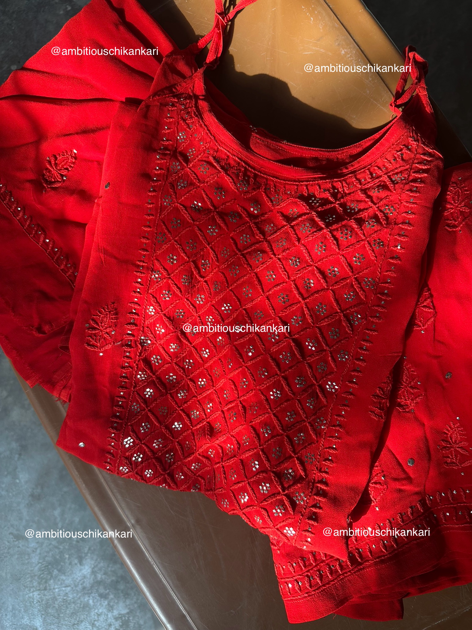Sira Red Viscose Georgette 3 Piece Chikankari Plazzo Set With Mukaish Work