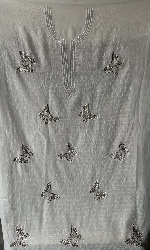 Bela Butterfly Mul Chanderi Unstitched Kurta and dupatta With Fine Lucknowi Chikankari Mukaish and Pearls work