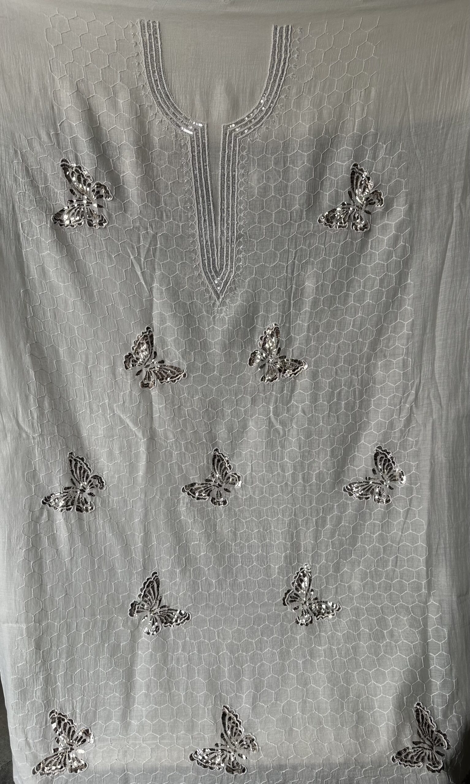 Bela Butterfly Mul Chanderi Unstitched Kurta and dupatta With Fine Lucknowi Chikankari Mukaish and Pearls work