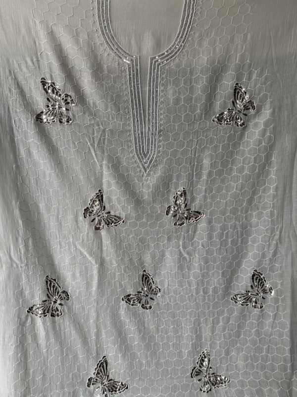 Bela Butterfly Mul Chanderi Unstitched Kurta and dupatta With Fine Lucknowi Chikankari Mukaish and Pearls work - Image 2