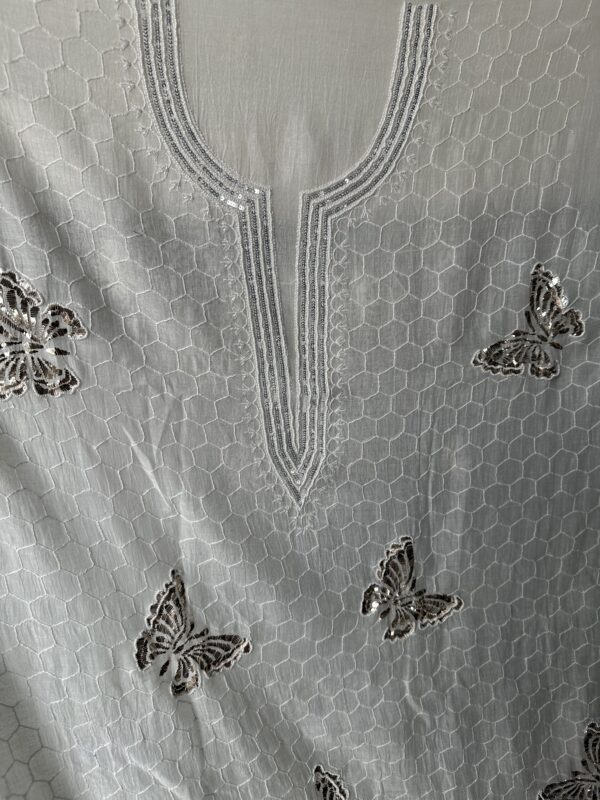 Bela Butterfly Mul Chanderi Unstitched Kurta and dupatta With Fine Lucknowi Chikankari Mukaish and Pearls work - Image 3