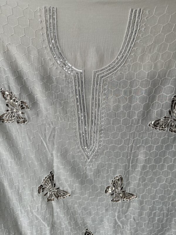 Bela Butterfly Mul Chanderi Unstitched Kurta and dupatta With Fine Lucknowi Chikankari Mukaish and Pearls work - Image 5