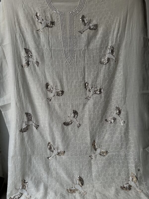 Bela Bird Mul Chanderi Unstitched Kurta and dupatta With Fine Lucknowi Chikankari Mukaish and Pearls  work