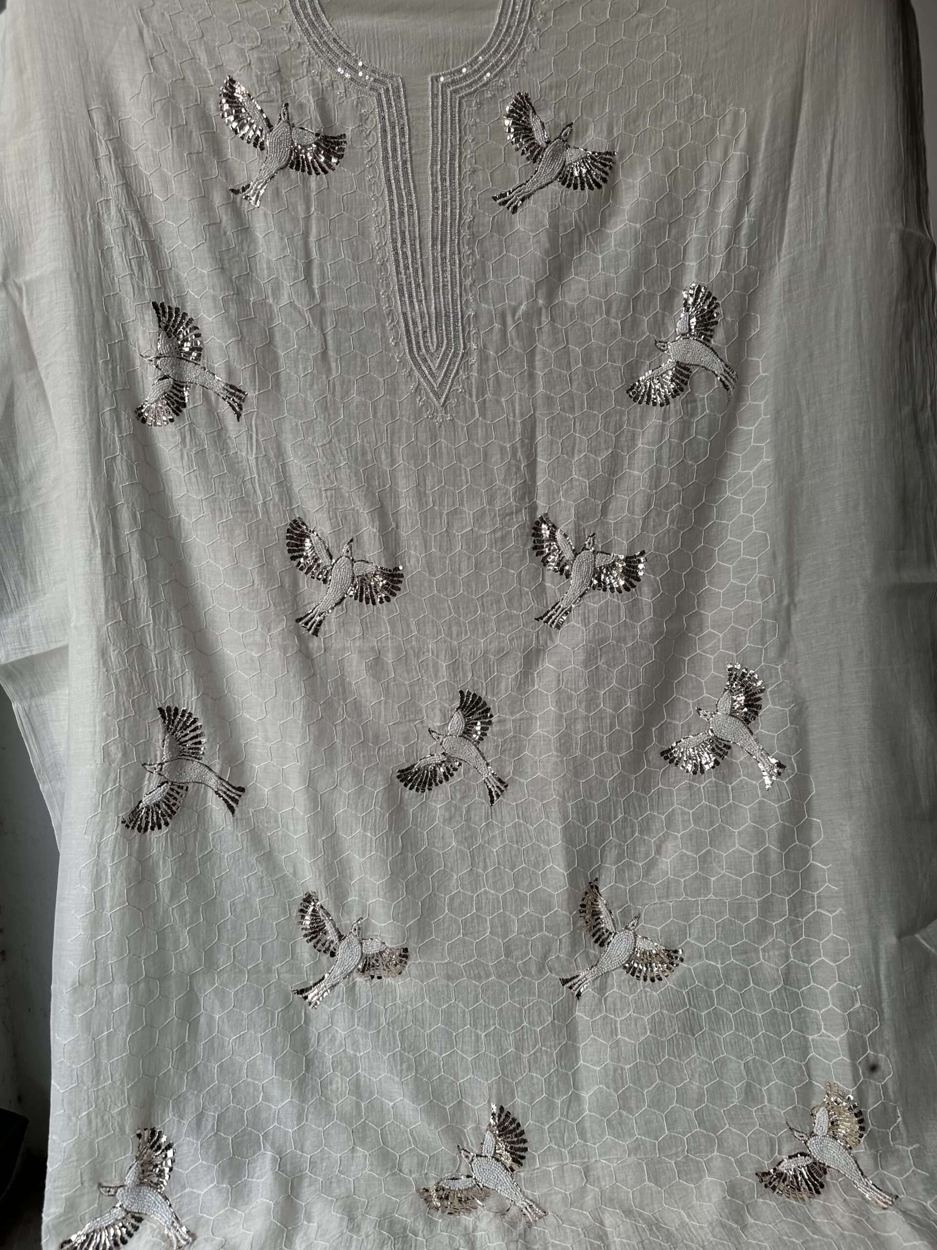 Bela Bird Mul Chanderi Unstitched Kurta and dupatta With Fine Lucknowi Chikankari Mukaish and Pearls  work