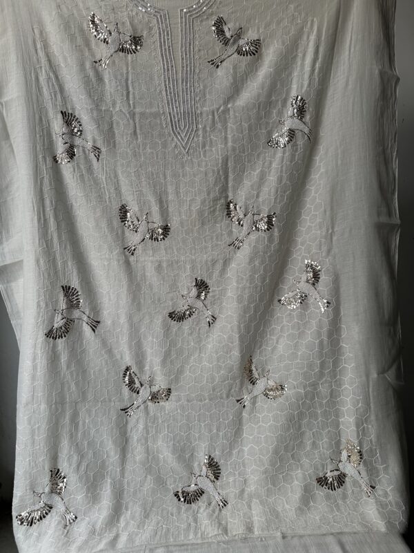 Bela Bird Mul Chanderi Unstitched Kurta and dupatta With Fine Lucknowi Chikankari Mukaish and Pearls  work - Image 3