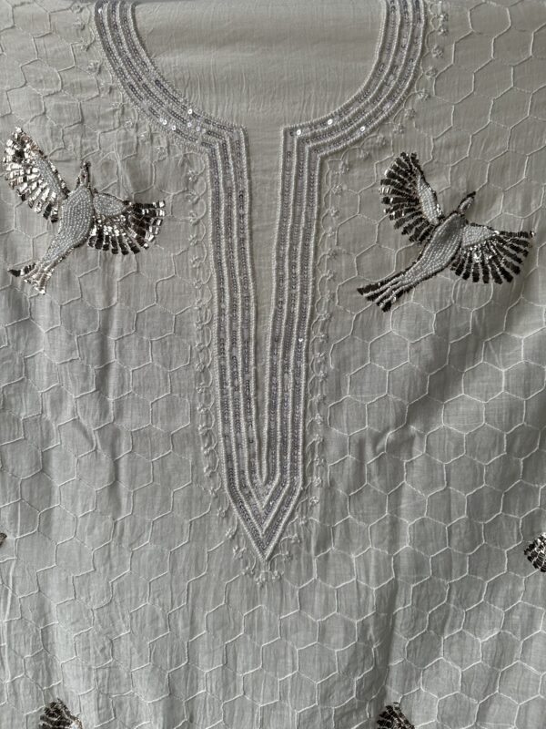 Bela Bird Mul Chanderi Unstitched Kurta and dupatta With Fine Lucknowi Chikankari Mukaish and Pearls  work - Image 4