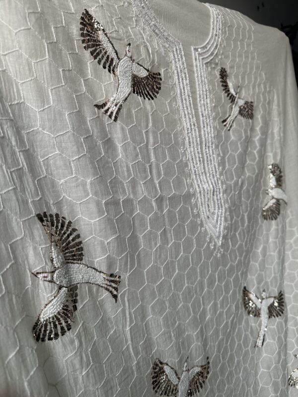 Bela Bird Mul Chanderi Unstitched Kurta and dupatta With Fine Lucknowi Chikankari Mukaish and Pearls  work - Image 5