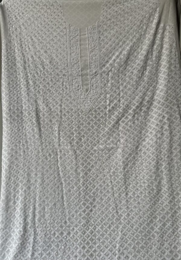 Men’s Pure Georgette Unstitched Kurta With Fine Lucknowi Chikankari Beads and Pearls work - Image 3