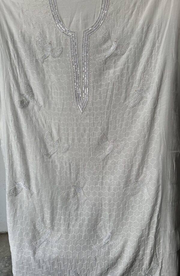 Ziya Bird Mul Chanderi Unstitched Kurta and dupatta With Fine Lucknowi Chikankari Beads and Pearls work