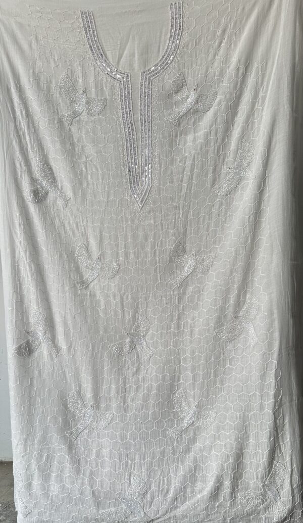 Ziya Bird Mul Chanderi Unstitched Kurta and dupatta With Fine Lucknowi Chikankari Beads and Pearls work - Image 2