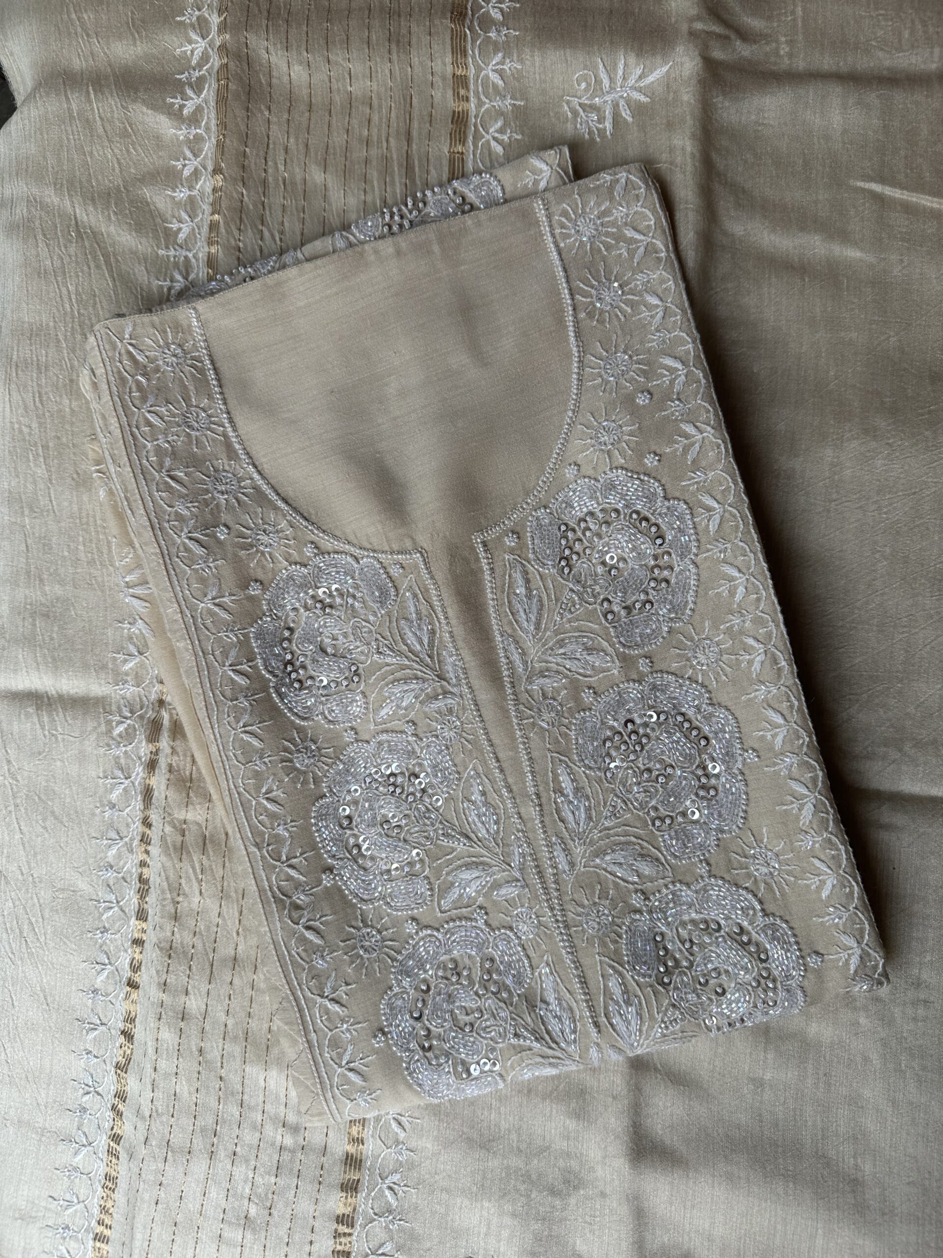 Zuri NATURAL MOONGA SILK KURTA AND DUPATTA With  Fine Lucknowi Chikankari and Beads work
