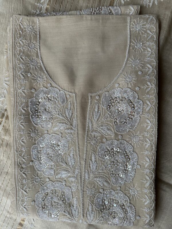 Zuri NATURAL MOONGA SILK KURTA AND DUPATTA With  Fine Lucknowi Chikankari and Beads work - Image 3