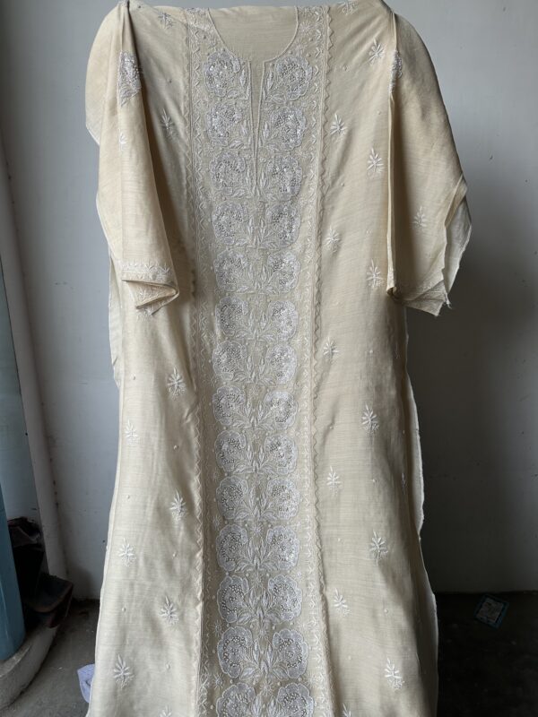 Zuri NATURAL MOONGA SILK KURTA AND DUPATTA With  Fine Lucknowi Chikankari and Beads work - Image 4
