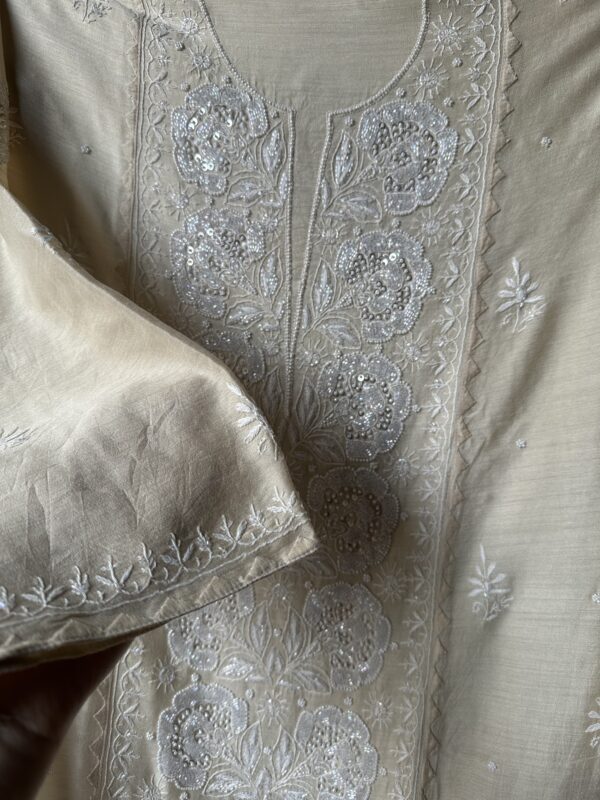 Zuri NATURAL MOONGA SILK KURTA AND DUPATTA With  Fine Lucknowi Chikankari and Beads work - Image 6
