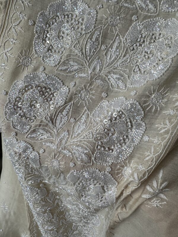 Zuri NATURAL MOONGA SILK KURTA AND DUPATTA With  Fine Lucknowi Chikankari and Beads work - Image 7
