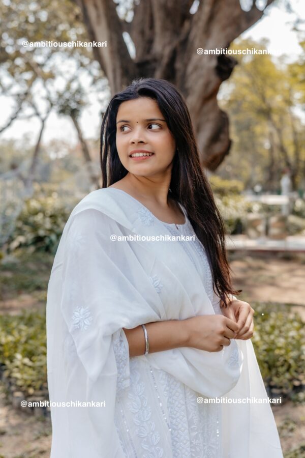 Arha Viscose 3 Piece Chikankari Pant Set With Intricate Fine Lucknowi Chikankari And Moti And Cutdana Embellishment - Image 5