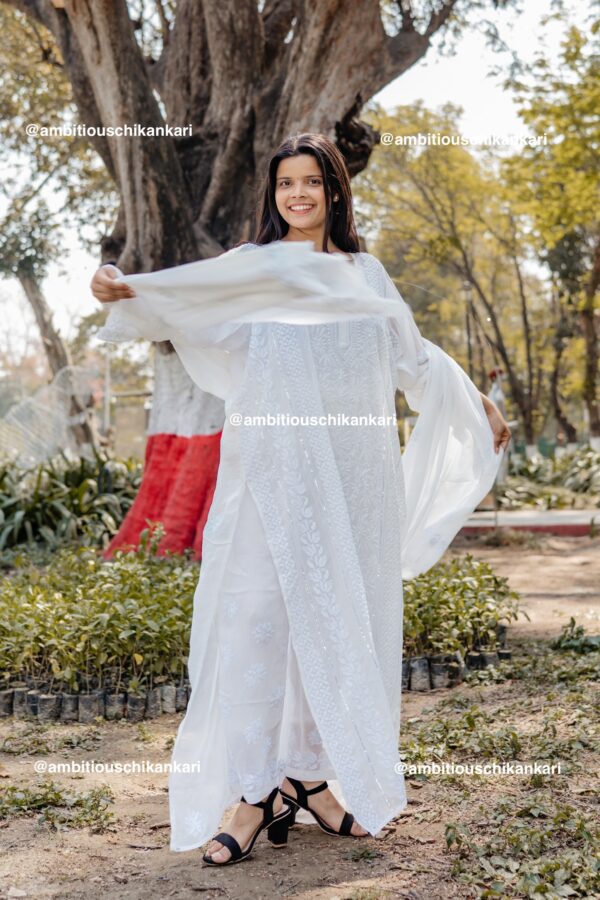 Arha Viscose 3 Piece Chikankari Pant Set With Intricate Fine Lucknowi Chikankari And Moti And Cutdana Embellishment - Image 4