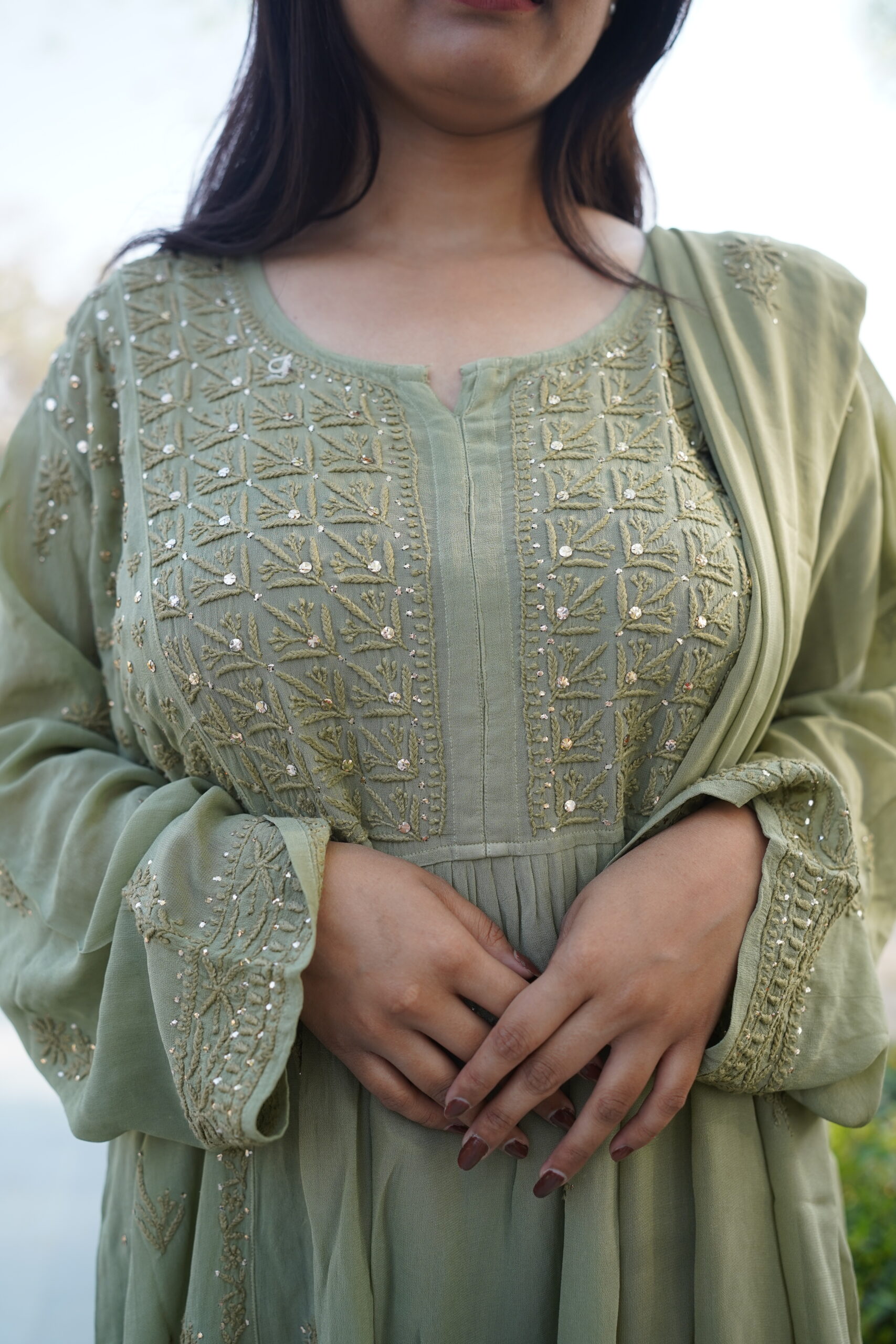 Khaas Mehendi Green Viscose 3 Piece Chikankari Gharara Set With Intricate Fine Lucknowi Chikankari And Mukaish work