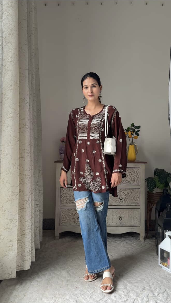 Mysa Short Crepe Chikankari A Line  Kurta With Fine Lucknowi Chikankari