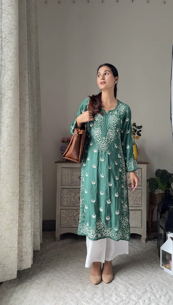 Bottle Green Modal Cotton Chikankari Kurti With Fine Lucknowi Chikankari