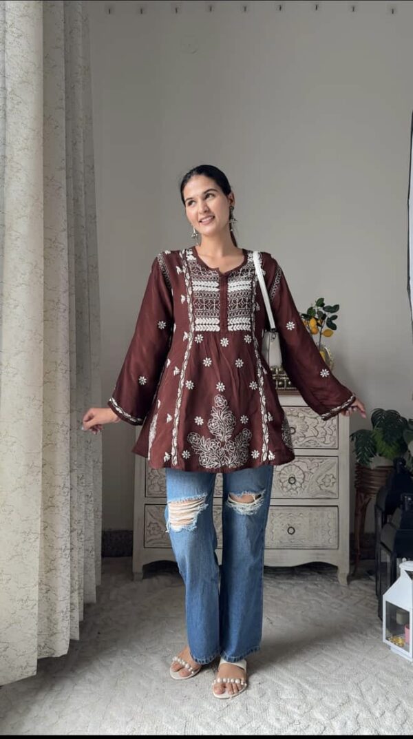 Mysa Short Crepe Chikankari A Line  Kurta With Fine Lucknowi Chikankari - Image 2