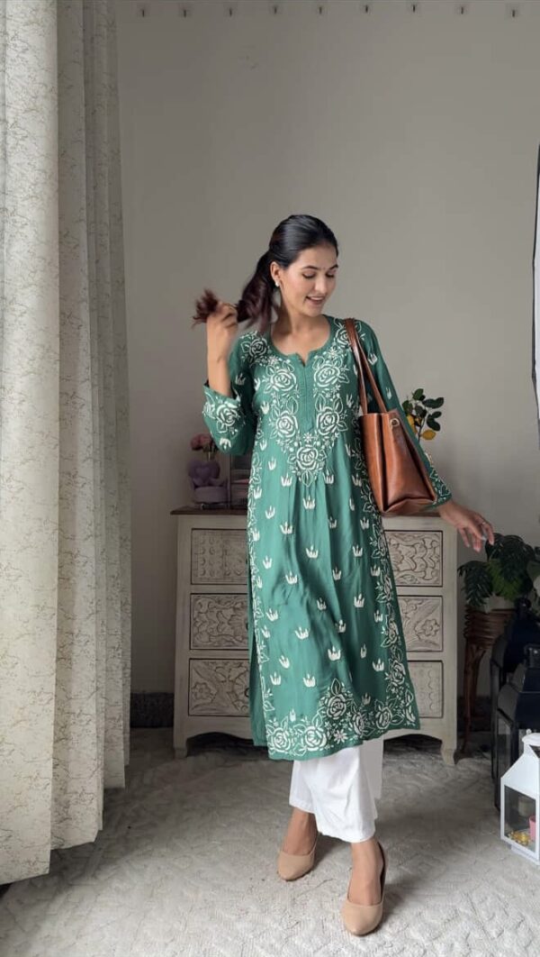 Bottle Green Modal Cotton Chikankari Kurti With Fine Lucknowi Chikankari - Image 3