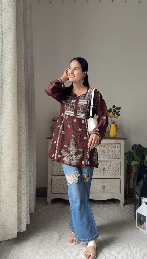 Mysa Short Crepe Chikankari A Line  Kurta With Fine Lucknowi Chikankari - Image 4