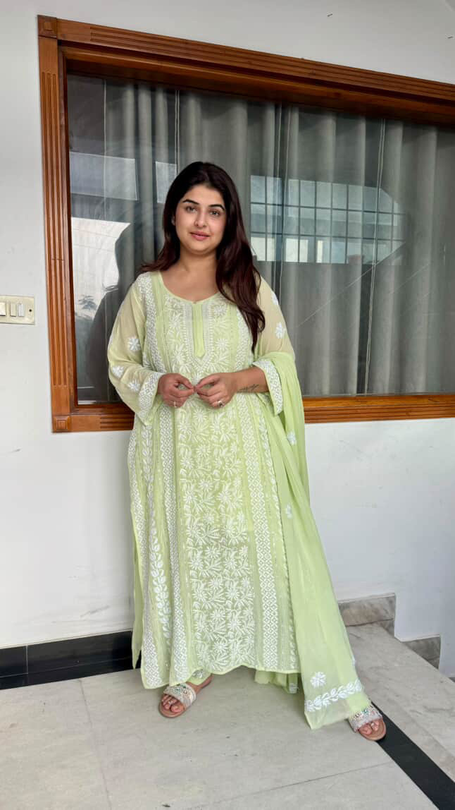 Shilpa khatwani Pista  Green Viscose 3 Piece Chikankari Pant Set With Intricate Fine Lucknowi Chikankari And Moti And Cutdana Embellishment