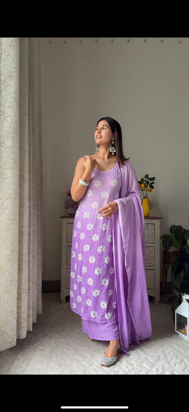 Swati Lavender  Viscose Georgette Noodle Strap  3 Piece Chikankari Plazzo Set With Fine Lucknowi Chikankari  Pearl And Beads  Work