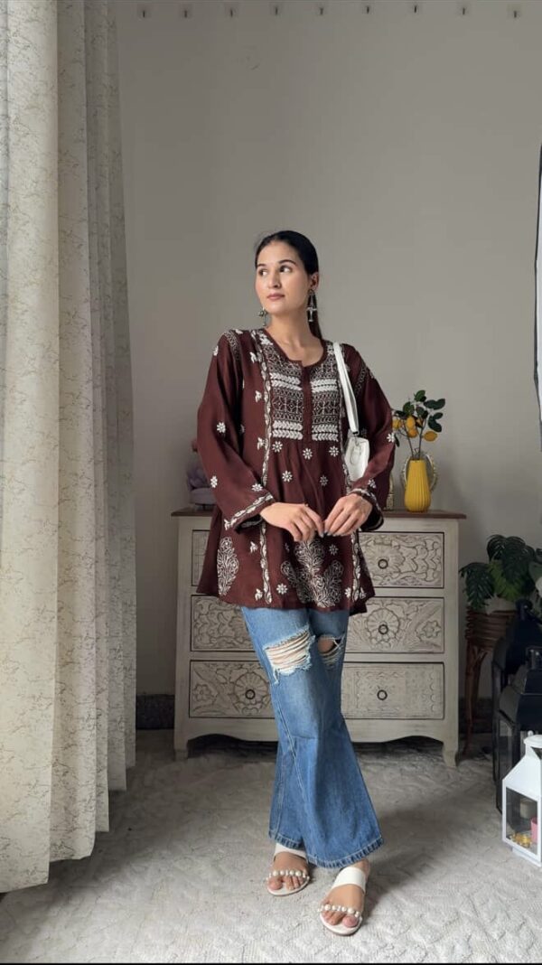 Mysa Short Crepe Chikankari A Line  Kurta With Fine Lucknowi Chikankari - Image 3