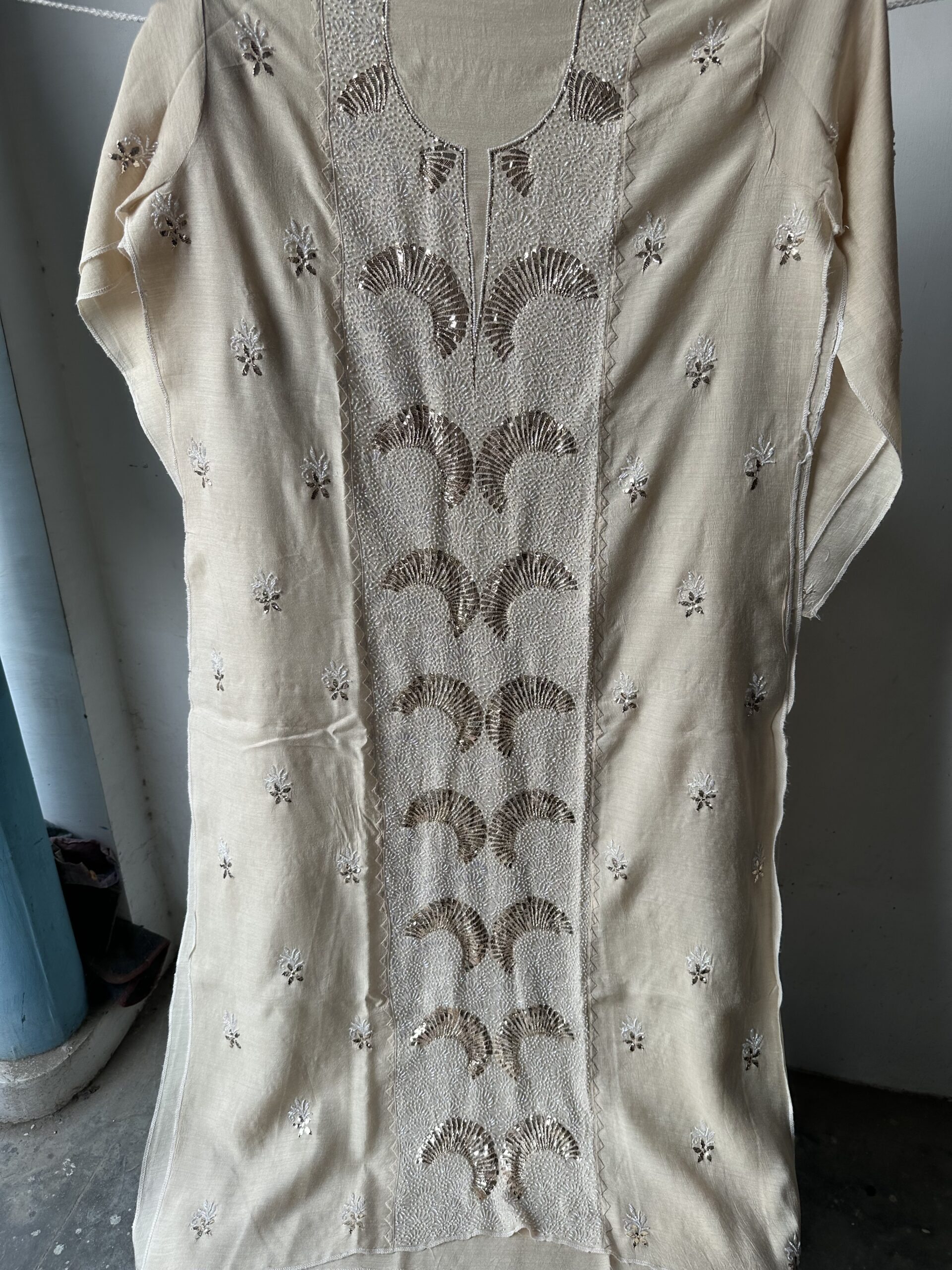 Mehek NATURAL MOONGA SILK KURTA AND DUPATTA With Mukaish ,Pearls and Beads work